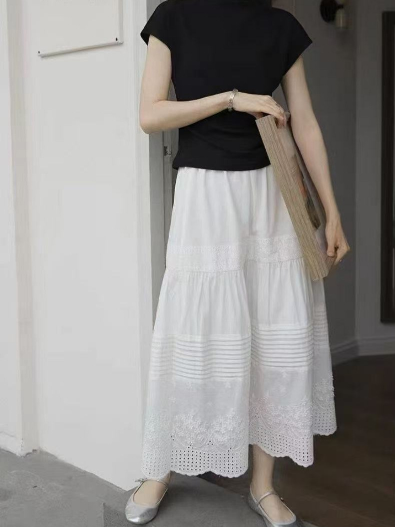 Váy chữ A dài ren trắng eo cao kiểu Pháp — trắng