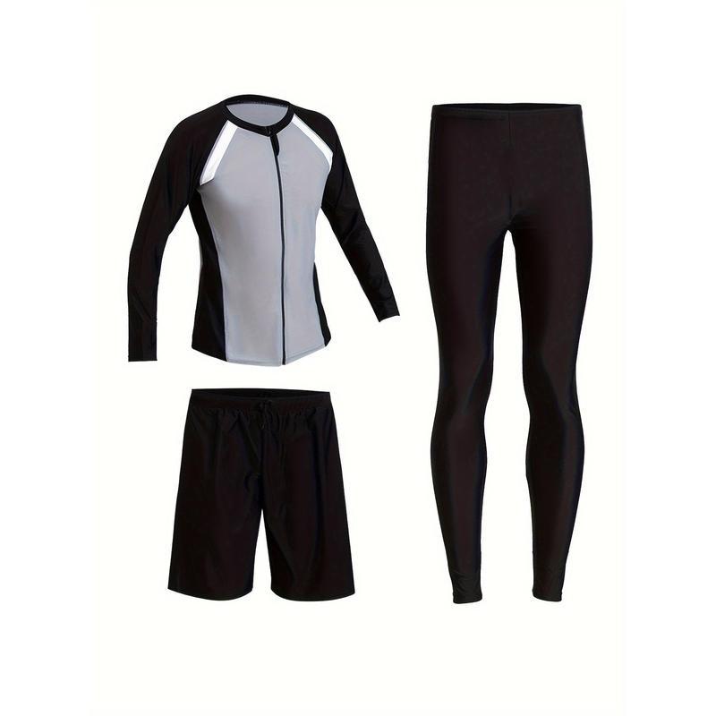 Zip Up Color Block Swimsuit Men's Long Sleeve Zip Up|ms