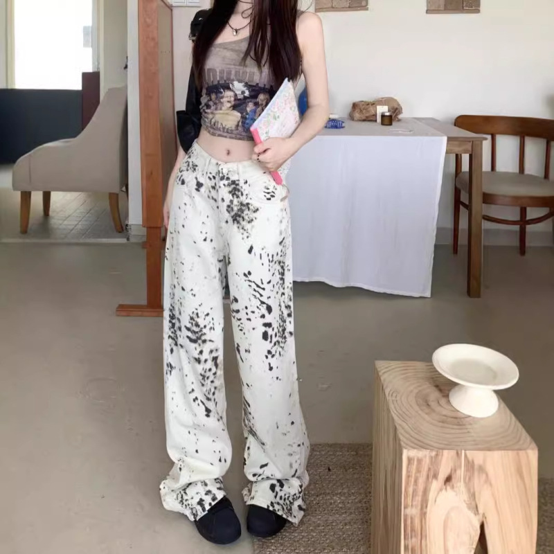 【韩牛】宽松休闲阔腿直筒拖地复古高街辣妹豹纹设计感牛仔裤女|undefined