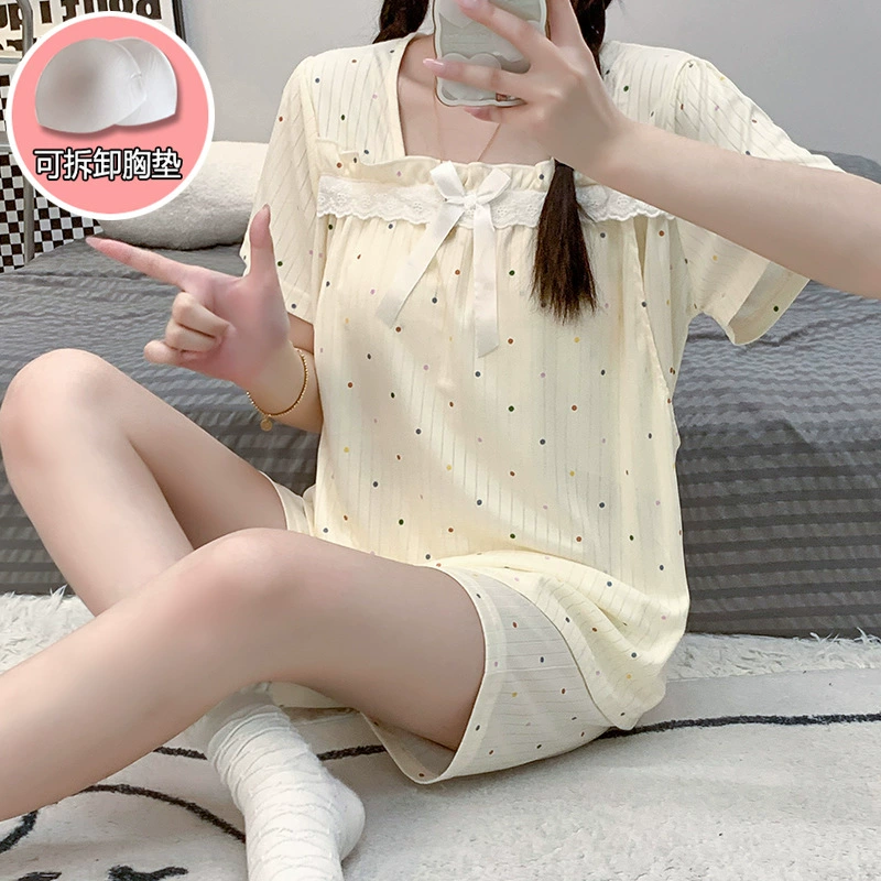 Shorts, pijama, summer top with cups for pregnant, with short sleeve, square neckline