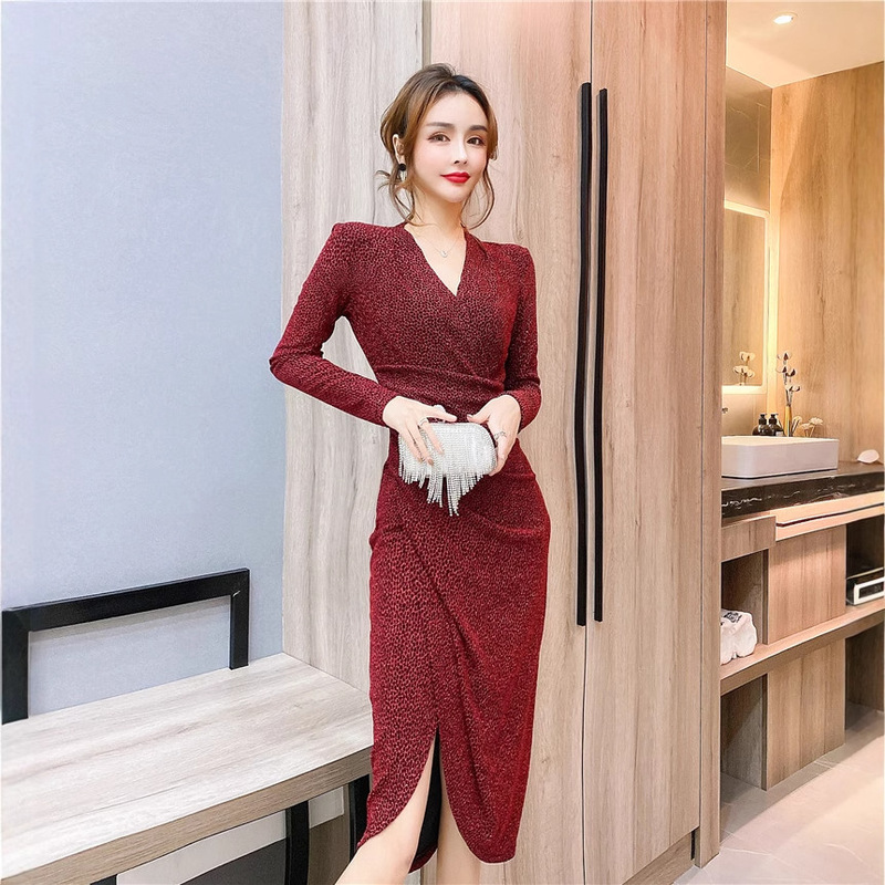 High-level Celebrity Yujie Chic Hip Skirt Women's Early Spring Sweet Elegant Cross-Collar Unique Split Dress