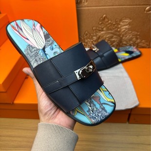 2025 One-Word Casual Genuine Leather Silver Buckle Slippers Outdoor Spring and Summer French Lock Men's Beach Sandals