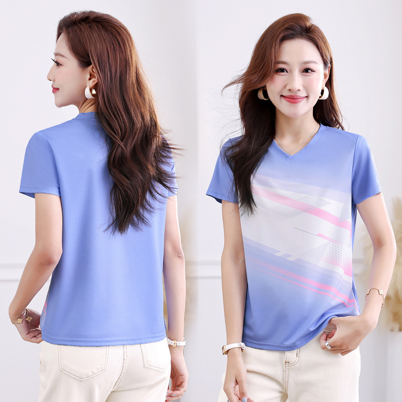 Ice Silk Quick-Drying Fashionable Casual V-Neck Short-Sleeved T-Shirt for Women 2026 Summer New Printed Sports Top