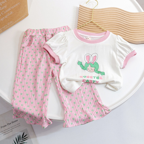 Children's Suit  New Cotton Girls Cartoon T-Shirt Cute Baby Love Anti-mosquito Pants Korean Version Two-piece Set