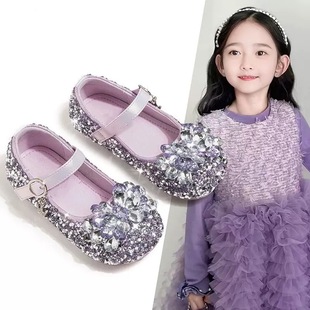 Girls Crystal Shoes 2025 New Children Elsa Princess Shoes Spring and Autumn Women's Baby Soft-soled Leather Shoes Purple Spring
