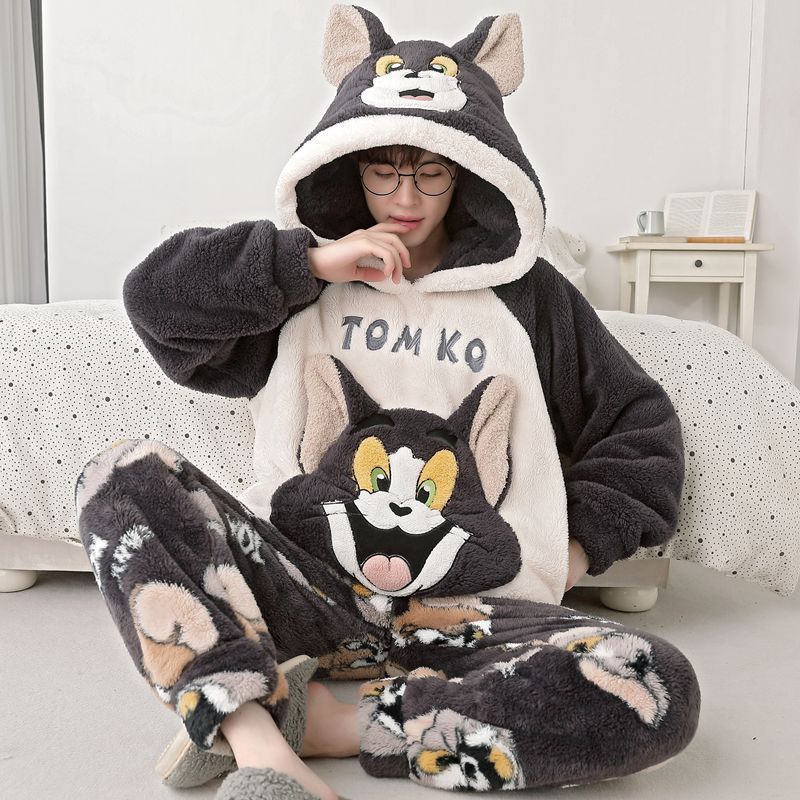 Pajamas Men's Autumn and Winter Coral Velvet Thickeneded Warm Youth Hooded Flannel Cartoon Men's Home Wear Set