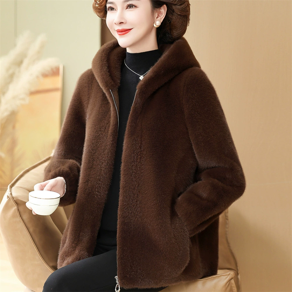 Модная мама новый осенний и зимний имитация норки с капюшоном пальто среднего и пожилого возраста толстый теплый кардиган топ