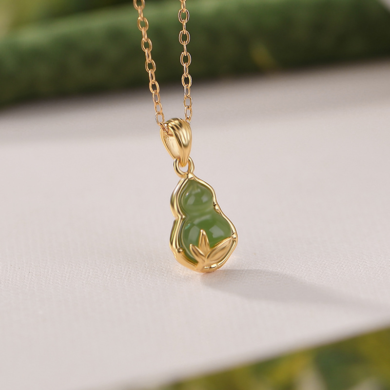 Mặt dây chuyền bạc S925 mạ vàng đá Jasper hình lá tre nhỏ tinh tế — Mặt dây chuyền đơn (không bao gồm dây chuyền)