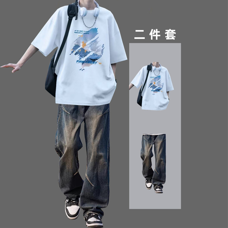 2026 New Trendy Brand Short-Sleeved T-Shirt for Men, Summer Loose Printed Short T-Shirt and Jeans, Youth Matching Set 2026 New Trendy Brand Short-Sleeved T-Shirt for Men, Summer Loose Printed Short T-Shirt and Jeans, Youth Matching Set
