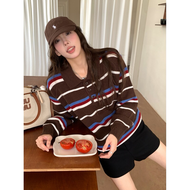 Korean Style Versatile Soft Polo Collar Striped Color-Blocking Sweater for Women, Spring, Autumn, Winter 2026 New Loose Pullover Top