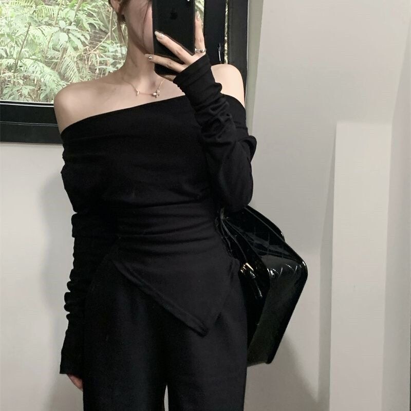 [260 Modal 1*1] Sweet Sexy One-Shoulder Long-Sleeved T-Shirt for Women in Spring and Summer Pure Lust Style Off-Shoulder Asymmetrical