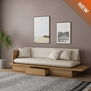 Lazy Solid Wood Sofa Japanese Style Small Apartment Living Room Homestay Sofa Chair with Drawers Wooden Detachable and Washable Two-Person Three-Person Sofa