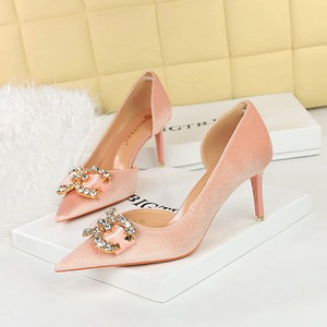 1363-AK77 Banquet High Heels Women's Shoes Suede Shallow Mouth Pointed Side Hollow Water Diamond Pearl Bow Single S