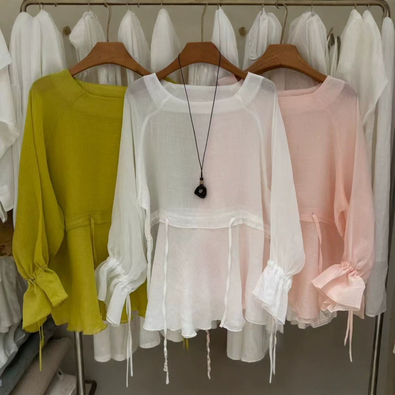 Nami 2026 Spring/Summer Pullover Round Neck Gentle Style Waist-Cinching Pure Ramie Tie-Sleeve Mid-Length Babydoll Shirt