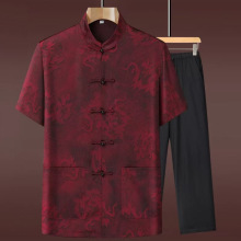 2025夏季唐装中式香云纱短袖上衣真丝套装男中老年桑蚕丝短袖上衣