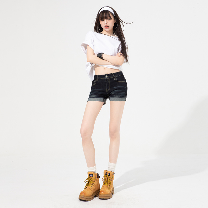 Retro Jersey Style Hot Girl Sexy Ultra-Shorts Hot Pants Jeans Women's Summer Dark Blue Design Curled Shorts