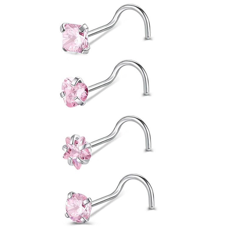 Titanium Steel Curved Stud Five-Pointed Star Square Heart L S Rod Ring Mini Inlaid Stone Girl Facial Nose Jewelry_voghion.com