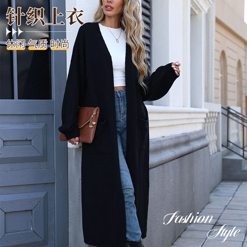 Cross-Border Trade Long Cardigan Coat, Plus Size, Solid Color, New European and American Style, Simple Knitted Sweater Coat, Warm
