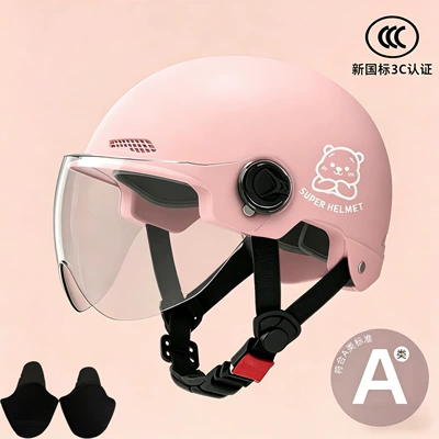 universal safety helmet adult half helmet, Motosiklet kaskı (dəbilqə) - 02-pink-transparent-short-lens-silver-white-bear-ear-protection