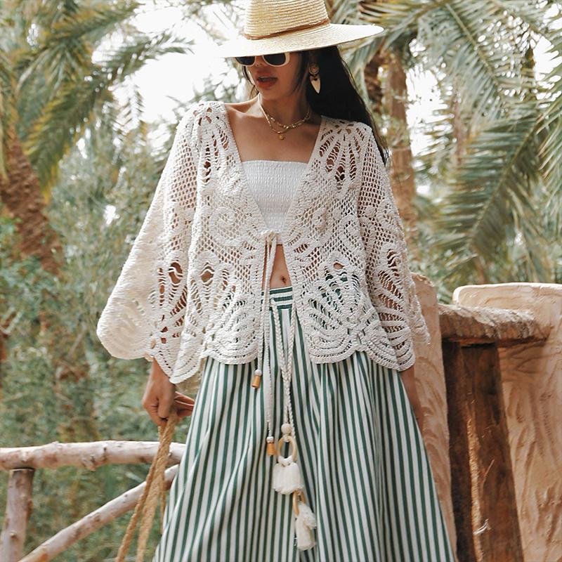 Gouhua 할로우 레이스 업 니트 카디건 여자 여름 새 보헤미안 휴일 긴팔 탑 반바지 블라우스