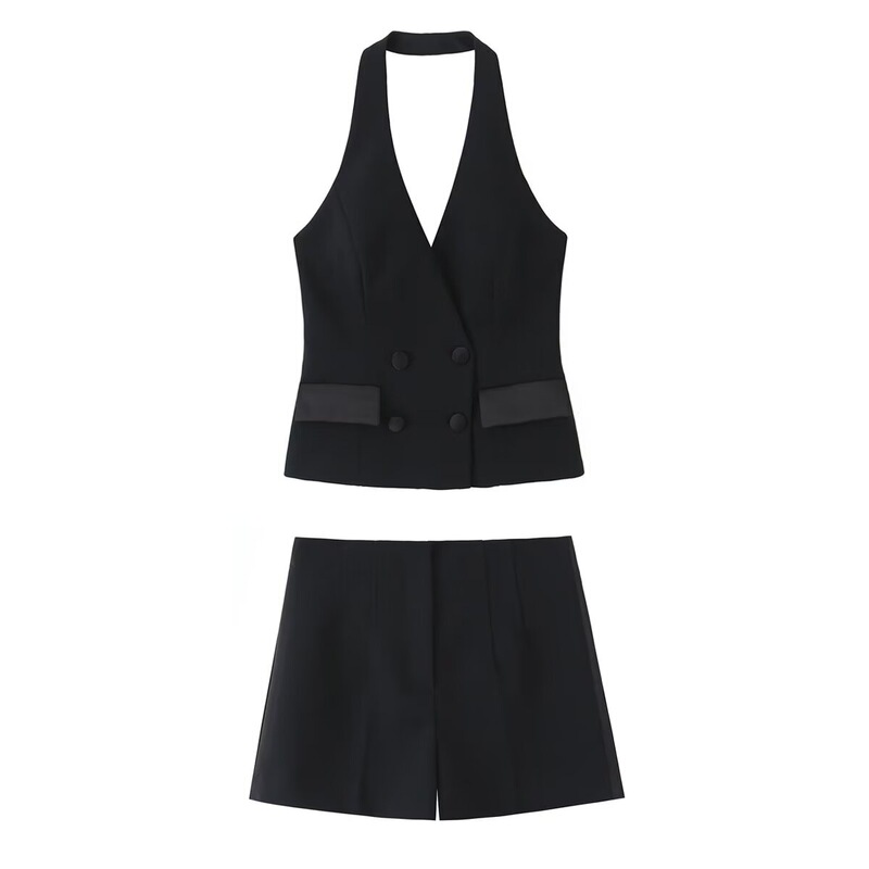 Zr Women's Clothing European and American Style 2025 Winter New Product Halter Neck Tuxedo Vest + Suit-Style Casual Shorts Set