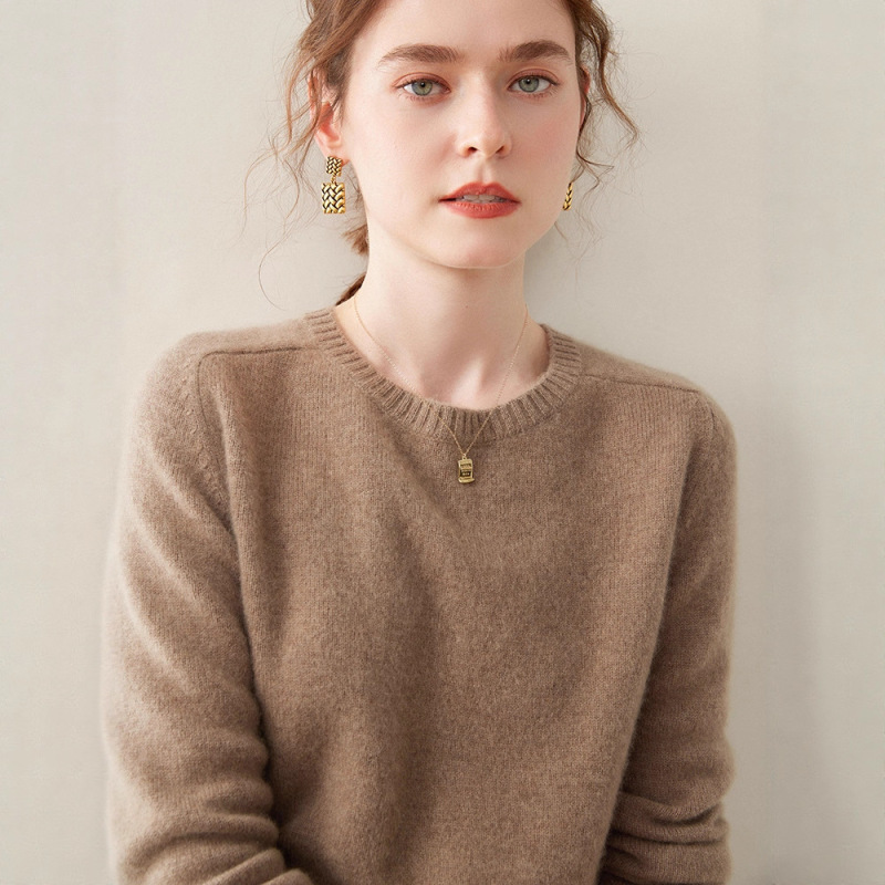 Round Neck Double-Strand Thickeneded Pure Color Cashmere Sweater Saddle Shoulder Autumn and Winter New Loose Sweater Women's Knitted Bottoming Shirt Women