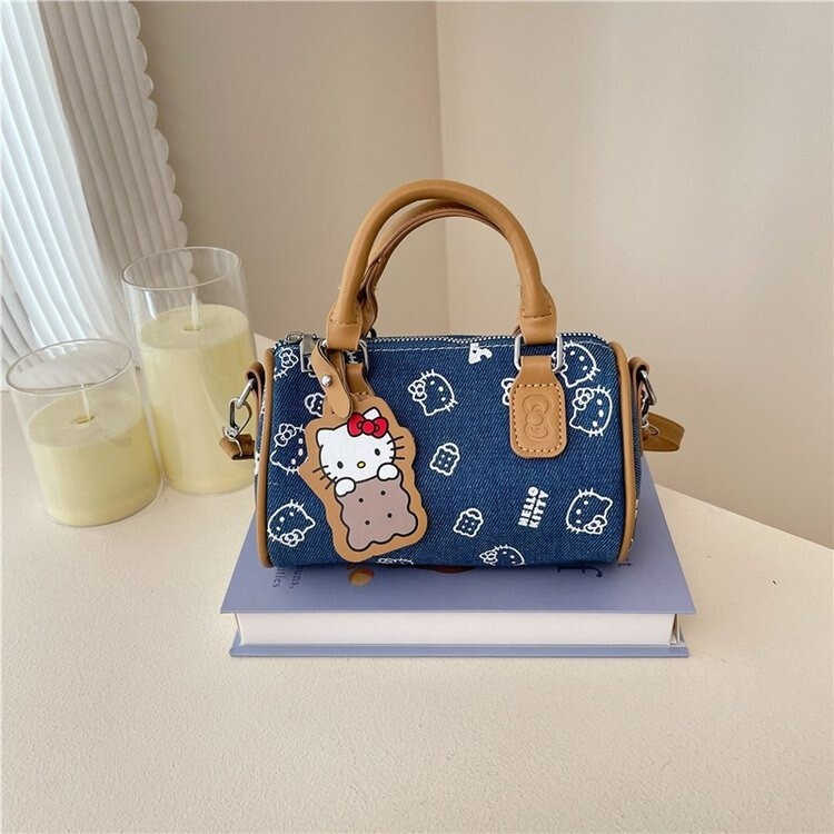 New versatile kitty cat denim bowling bag, cute handbag and crossbody bag, fashionable denim color-blocked handbag New versatile kitty cat denim bowling bag, cute handbag and crossbody bag, fashionable denim color-blocked handbag
