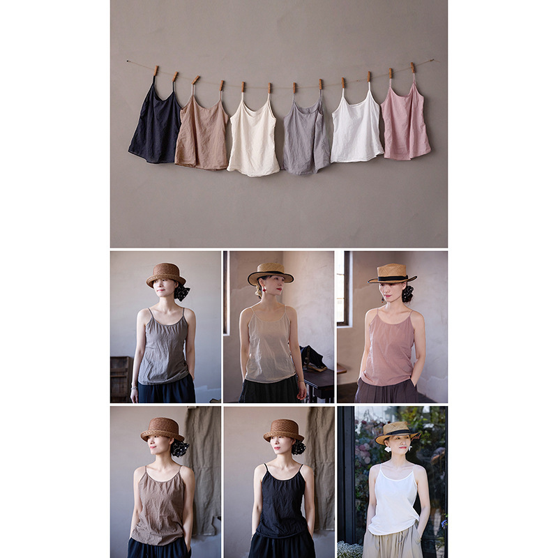 Summer New Pure Cotton Versatile Artistic Retro Original Women's Casual Simple Comfortable Multi-Color Base Camisole
