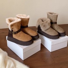 羊皮版~厚底雪地靴女两穿翻毛加绒加厚保暖棉靴皮带扣粗跟短靴子
