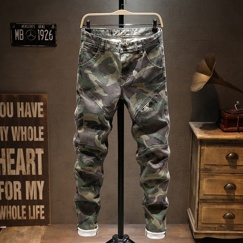 European and American Fashion Brand Stitching Camouflage Workwear Jeans Men's Slim-fit Straight Stretch Washed Casual Pants Autumn New