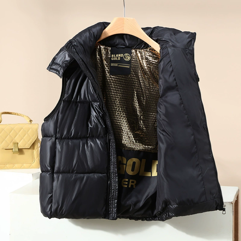 Черный Золотой хлопковый жилет Женская осень и зима 2023 Новый стильный жилет со взрывами с капюшоном Жилет с отстрочкой
