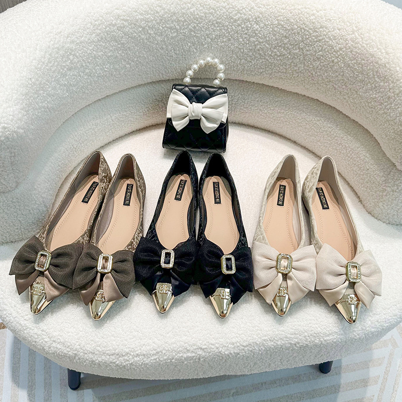 French Retro houndstooth Single shoes A pedal Lazy man temperament ins Metal buckle bow Single shoes Ladies