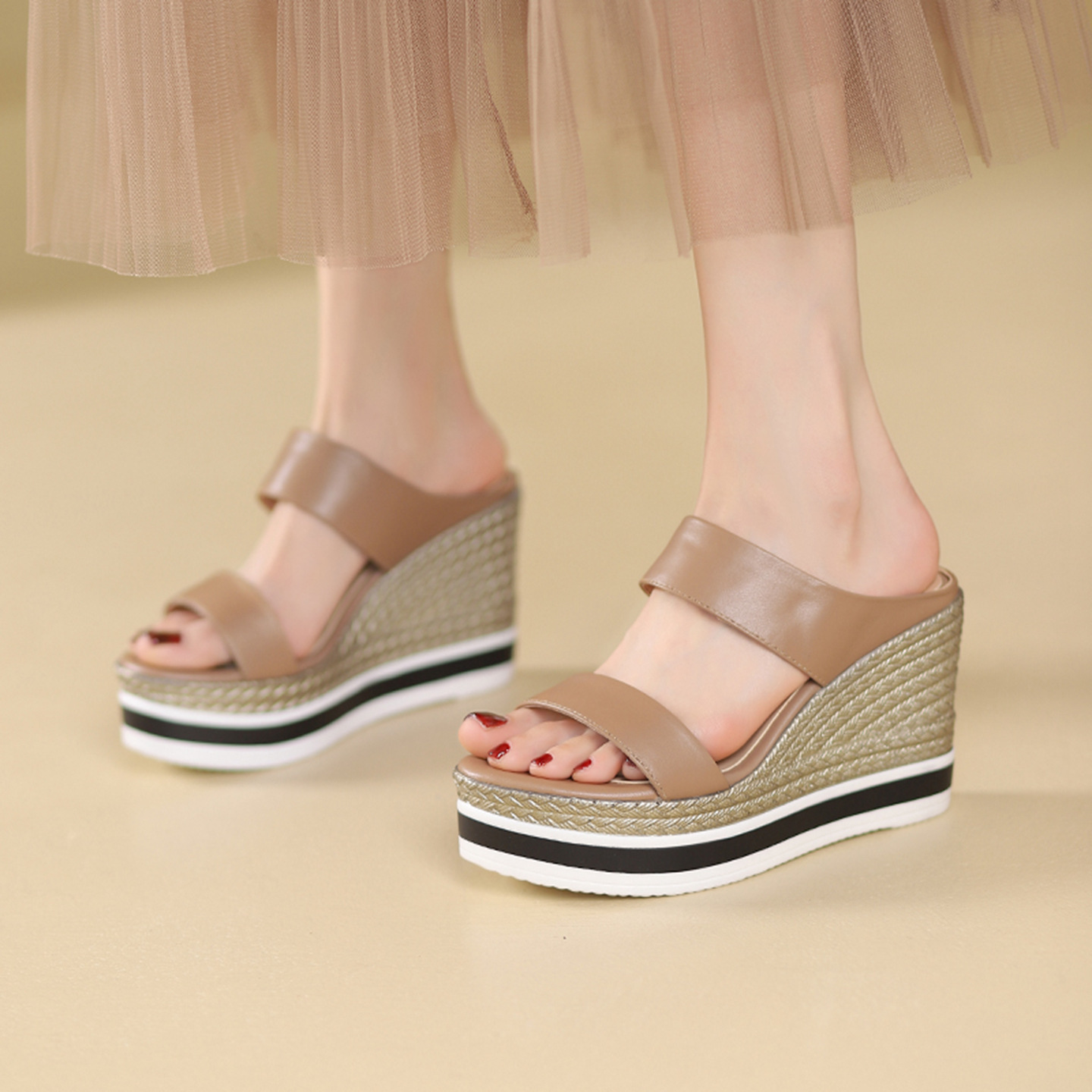 Sandal cao gót nữ đế xuồng 10 cm, hở mũi, phong cách mùa hè — đen