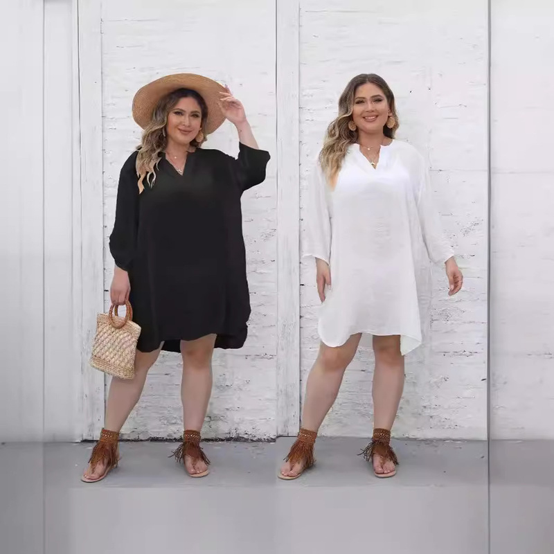 2024 Women's Shirt Cross-border European and American Beach Blouse Beach Vacation Deep V Sexy dress Beach Dress plus size