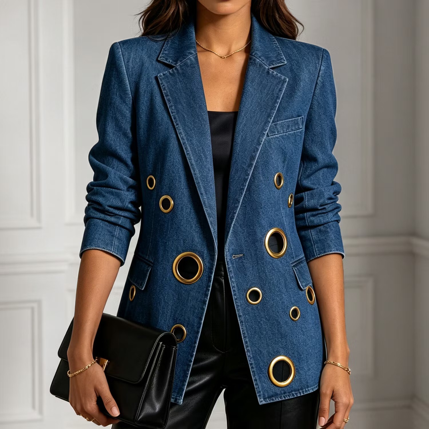 European and American cross-border popular women's street fashion new loose-fitting hollow-out denim jacket with metal eyelet design wholesale