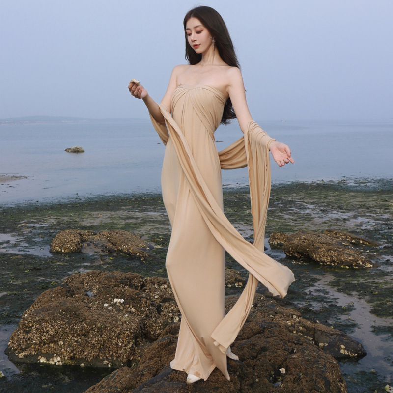 신장 사막 여행 휴가 원피스 리본 오프 넥 튜브 탑 원피스 여성 분위기 해변 휴가 해변 원피스