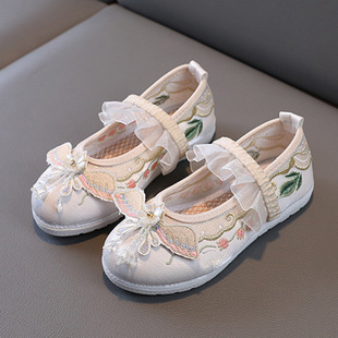 Girls' Hanfu Shoes, Ancient Style Old Beijing Children's Cloth Shoes, Traditional Embroidered Shoes, Chinese Style Mamian Skirt Shoes, Breathable Single Shoes