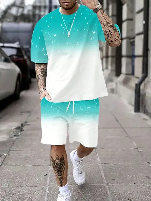 Cross-border 2025 nuevo estilo Amazon europeo y americano degradado de color manga corta cuello redondo camiseta pantalones cortos traje ME5 MA04