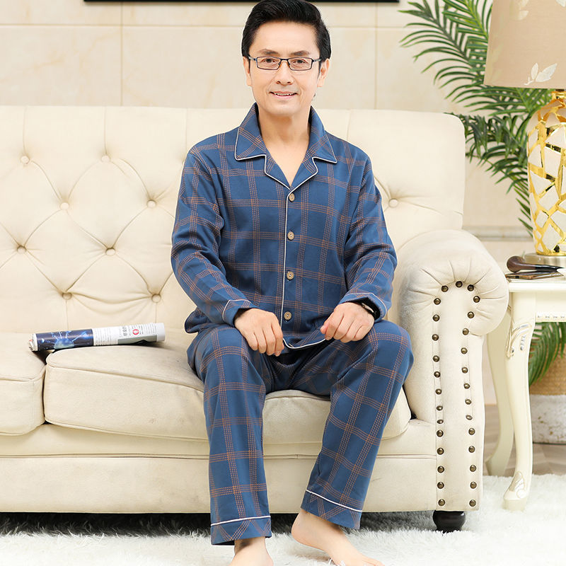 100% algodón pijamas hombres de manga larga primavera y otoño traje de verano homewear de hombres de mediana edad y ancianos