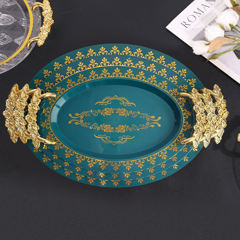 绿金椭圆托盘跨境电商北欧轻奢风果盘茶盘点心盘酒店宴会放水杯盘