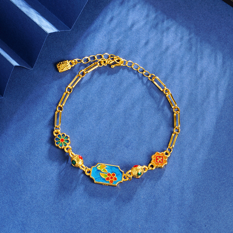 Brazalete de flores de palacio de estilo de esmalte de moda vietnamita de oro de arena para mujeres que no se desvanecen joyería de lujo ligera y alta calidad