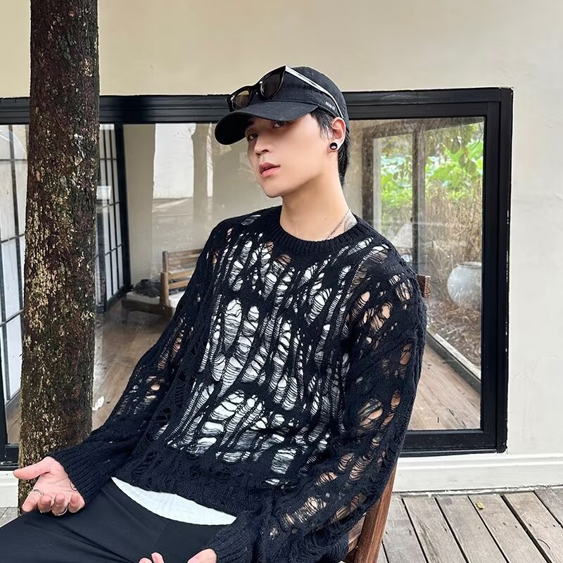 Niche Design Sense Hollow-out Pullover Sweater Men's Loose Casual All-match Lazy Style Hole Knitted Blouse Top