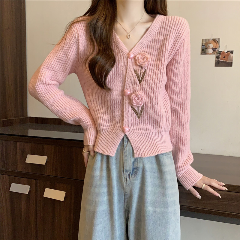 plus size Spring and Autumn Lazy V-neck Flower Knitted Cardigan Jacket Women's chubby girl Flesh Covering Short Sweater Top