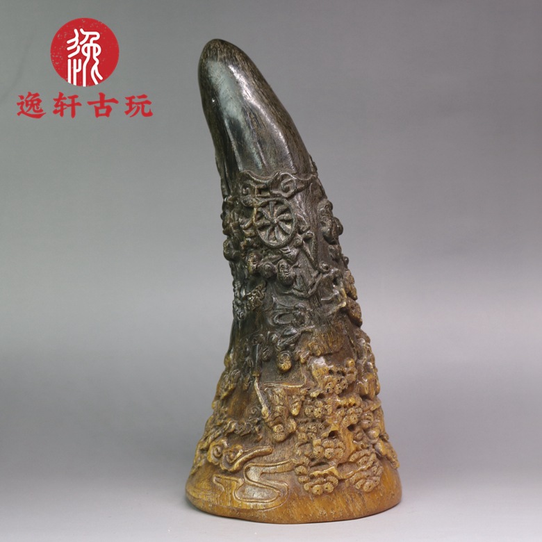 藏传西藏实心牛角尖角老耗牛角雕刻百子图浮雕黑牛角原材料小摆件
