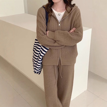 韩版华夫格休闲连帽针织套装女秋冬新款跨境宽松阔腿裤毛衣两件套