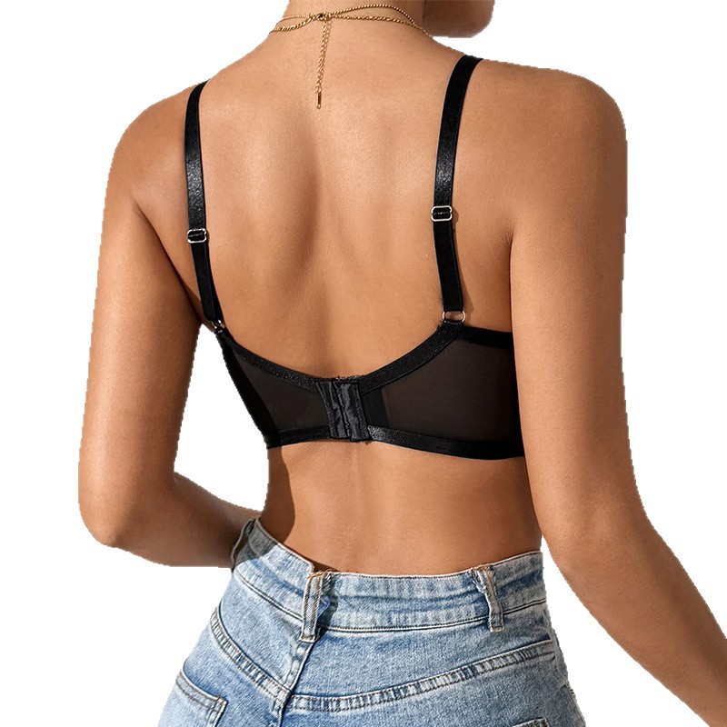 Nuevo sujetador de anillo de acero de encaje transparente sexy negro, cabestrillo transfronterizo, sujetador francés europeo y americano