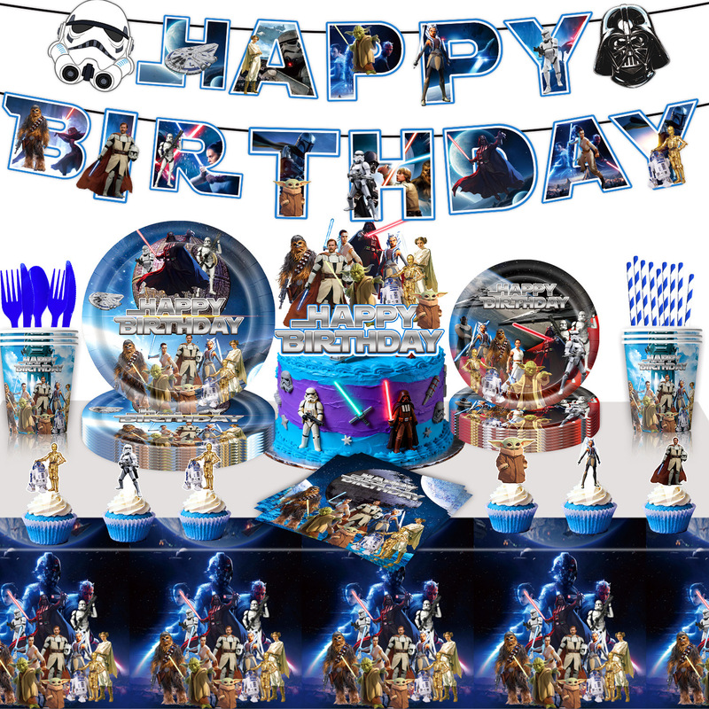 Cross-Border Star Wars Birthday Theme Kidsren's Party Supplies Tableware Set Birthday Layout Banner Cake Decoration