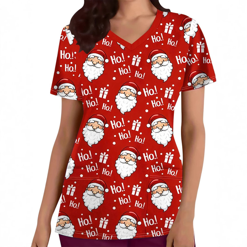 Women's T-Shirt V-Neck Nurse Uniform European and American Cross-Border Source Factory Direct Sales Aliexpress Casual and Comfortable Short-Sleeved Women's Christmas Print