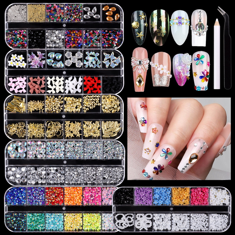 Cross-Border Colorful Resin Crushed Diamond Nail Art Flat-Back Rhinestones Simple Three-Dimensional Mixed Gold Beads Round Japanese Nail Decorations