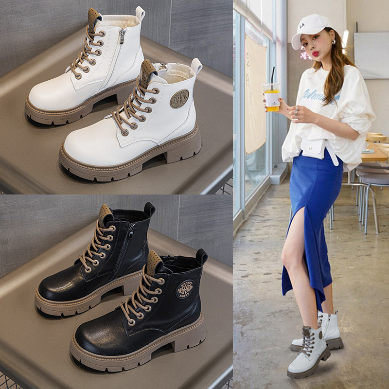 Genuine Leather Martin Boots Women's 2024 New Arrival All-Match British Style plus size Boots for Autumn and Winter Women's fleece-lined Warm Short Boots